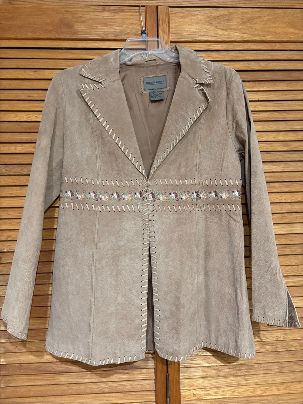 Brandon Thomas Beige Leather Embroidered Waist Jacket